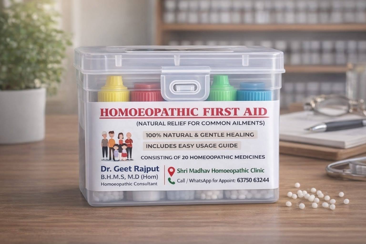 Homoeopathic first aid kit with clinic supplies